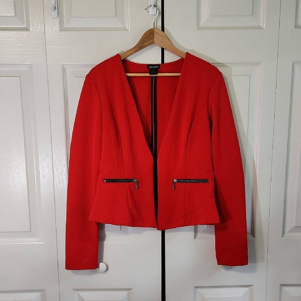 Stoosh Womens Red Textured Blazer Size LG Open Front Short Waisted Business Chic